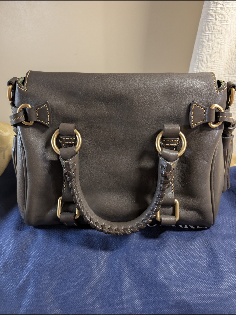 Dooney & Bourke Taupe Leather Satchel with Brass Hardware - Picture 5 of 10